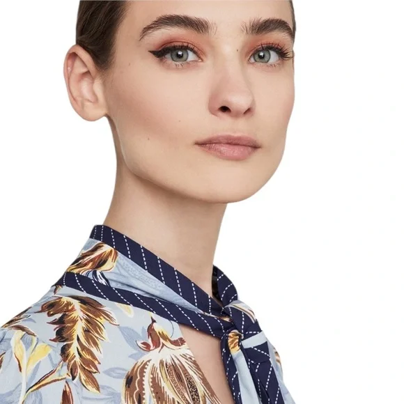 NWT BCBGMaxAzria Ashley Blue Liberty Floral Print TieNeck Long Sleeve Maxi Dress - Picture 2 of 16